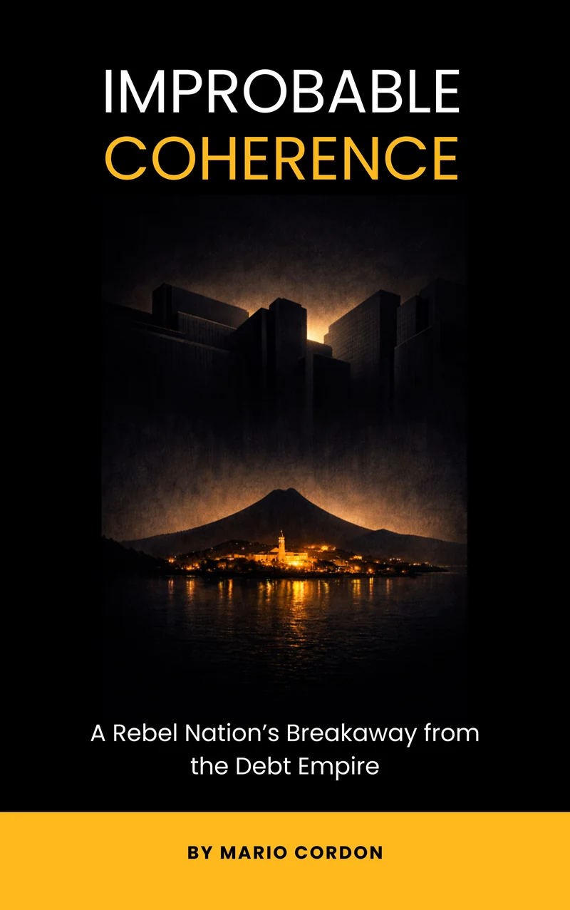 Improbable Coherence — A Rebel Nation’s Breakaway from the Debt Empire, by Mario Cordon. Book cover.